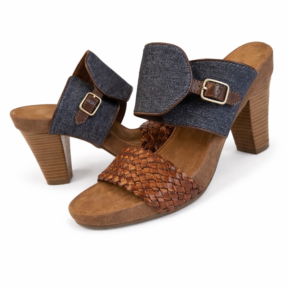 Aerosoles Hero Denim/Faux Leather Braided Heeled Slide Sandals